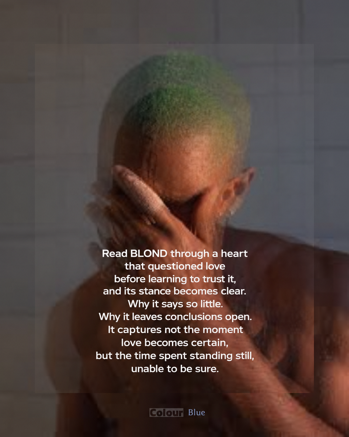 English review card interpreting Blonde as the time spent unable to feel certain about love.
