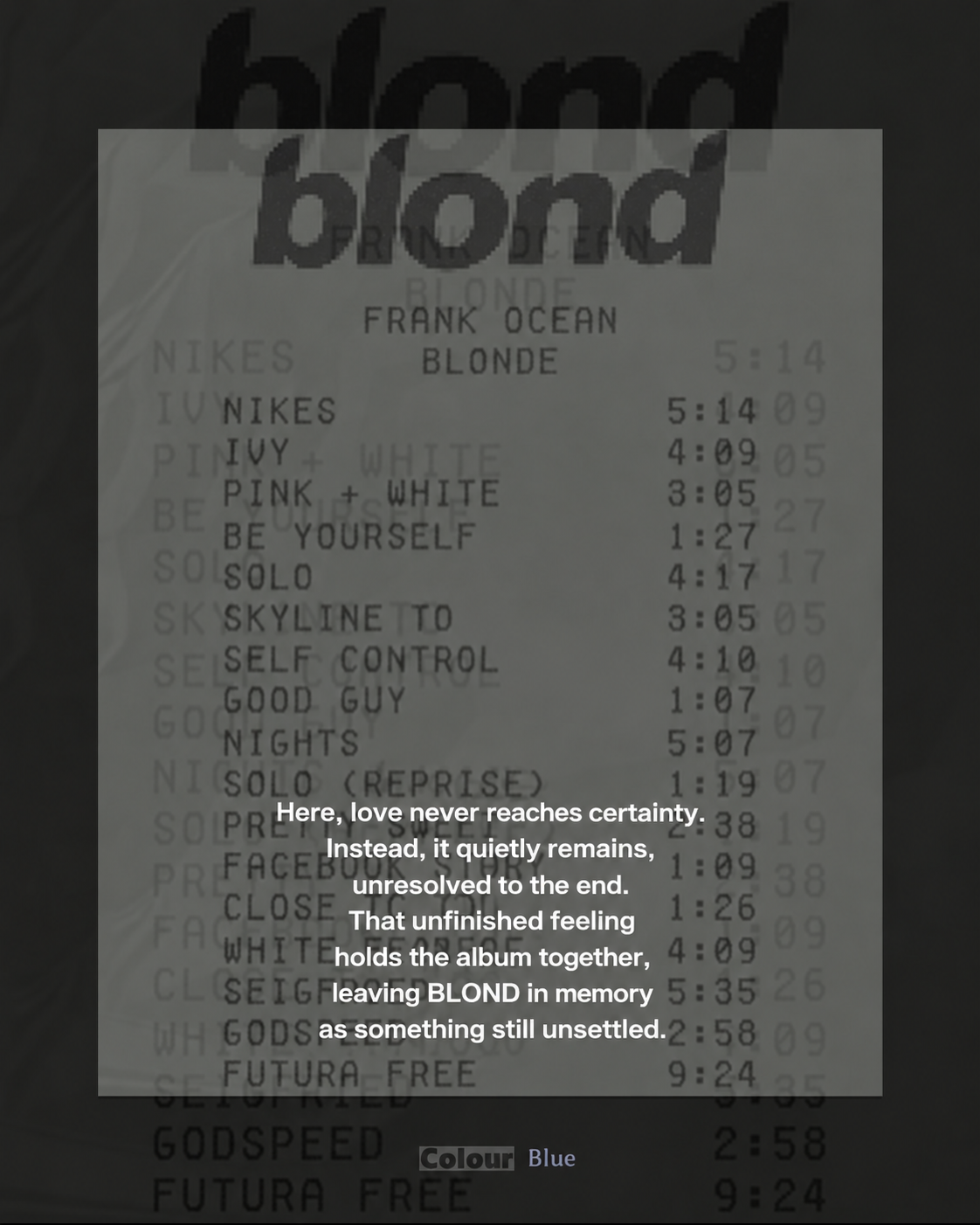 English closing Blonde review card describing love that remains unfinished and unsettled.